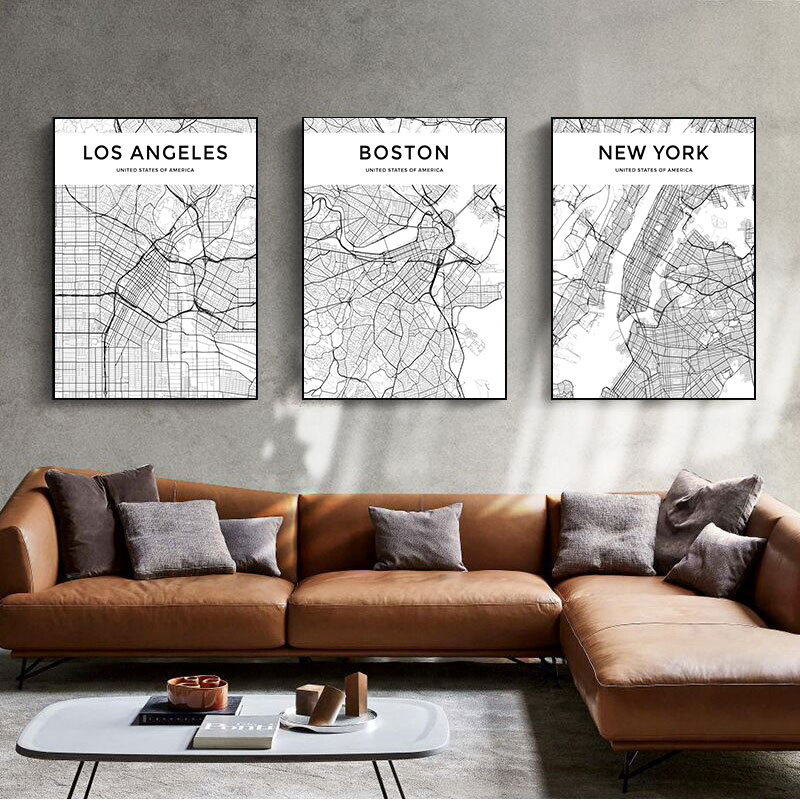 Photography Mapped - Nordische Stilbilder für Wohnzimmer Schwarz-Weiß Weltstadtkarte