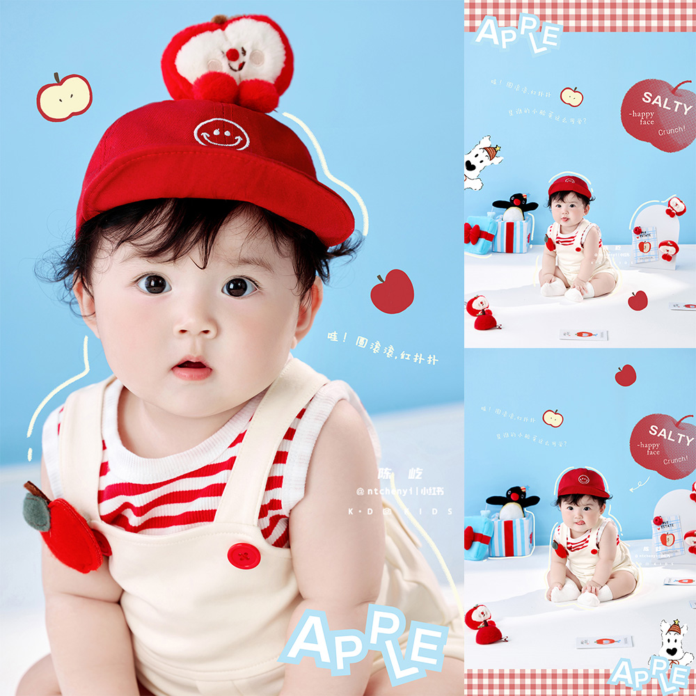 Photography Day - Entzückende 100-Tage-Baby-Fotografie-Requisiten Apfel-Cartoon-Thema Babykostüm + Lächelnde