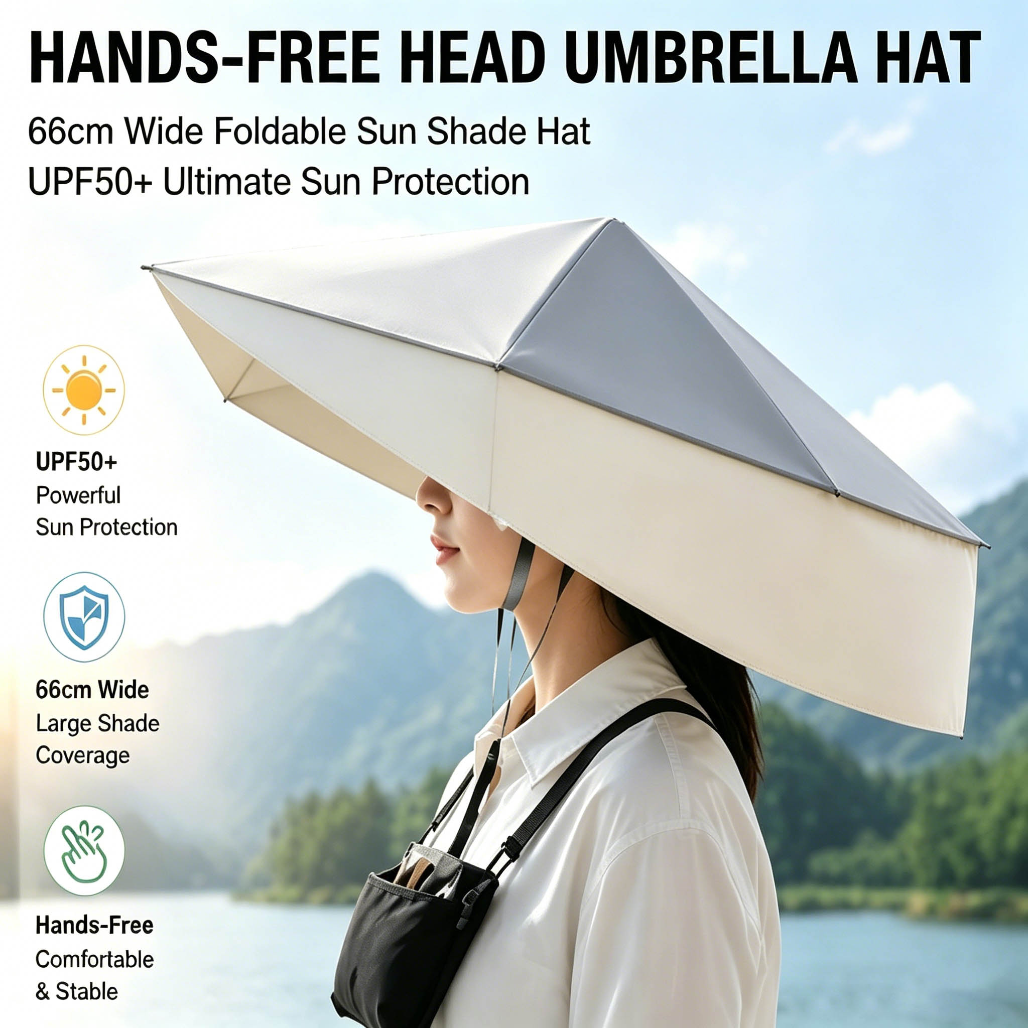 Photography Umbrella - UPF50+ Faltbarer Freihändiger Kopfschirm-Hut 66cm Breiter