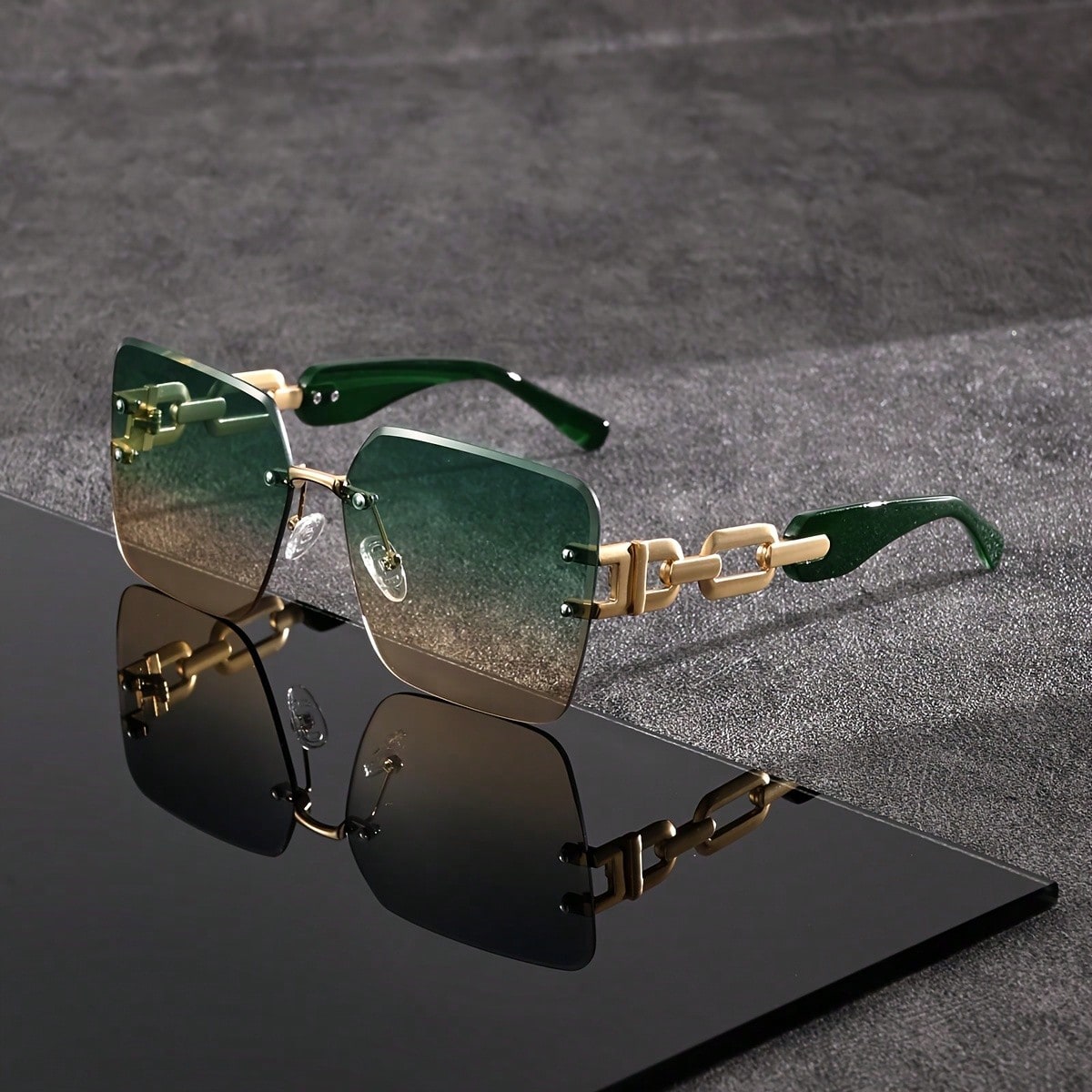 Photography Outdoor - Rahmenlose, quadratische Damenbrille mit großen, grün