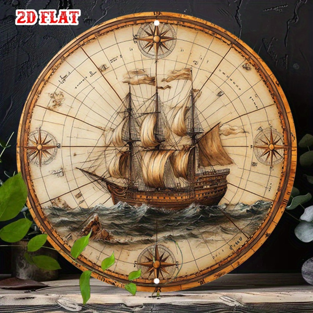 Photography Mapped - Vintage Nautischer Kompass Metallschild Alte Weltkarte